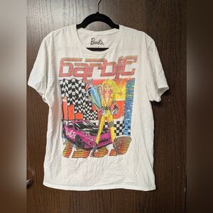 Barbie Large Unisex White T-shirt Large Short Sleeve Graphic Racing Car Pink